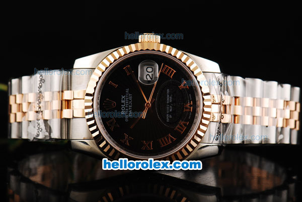 Rolex Datejust Swiss ETA 2836 Automatic Movement Two Tone with Black Dial and Rose Gold Roman Numeral Markers - Click Image to Close